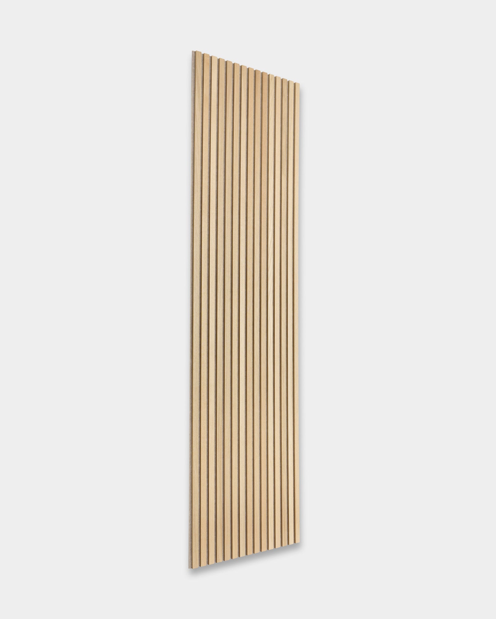 WoodUpp Akupanel acoustic wood panels featuring rectangular design and evenly spaced vertical slats, angled on a minimalist light gray background.