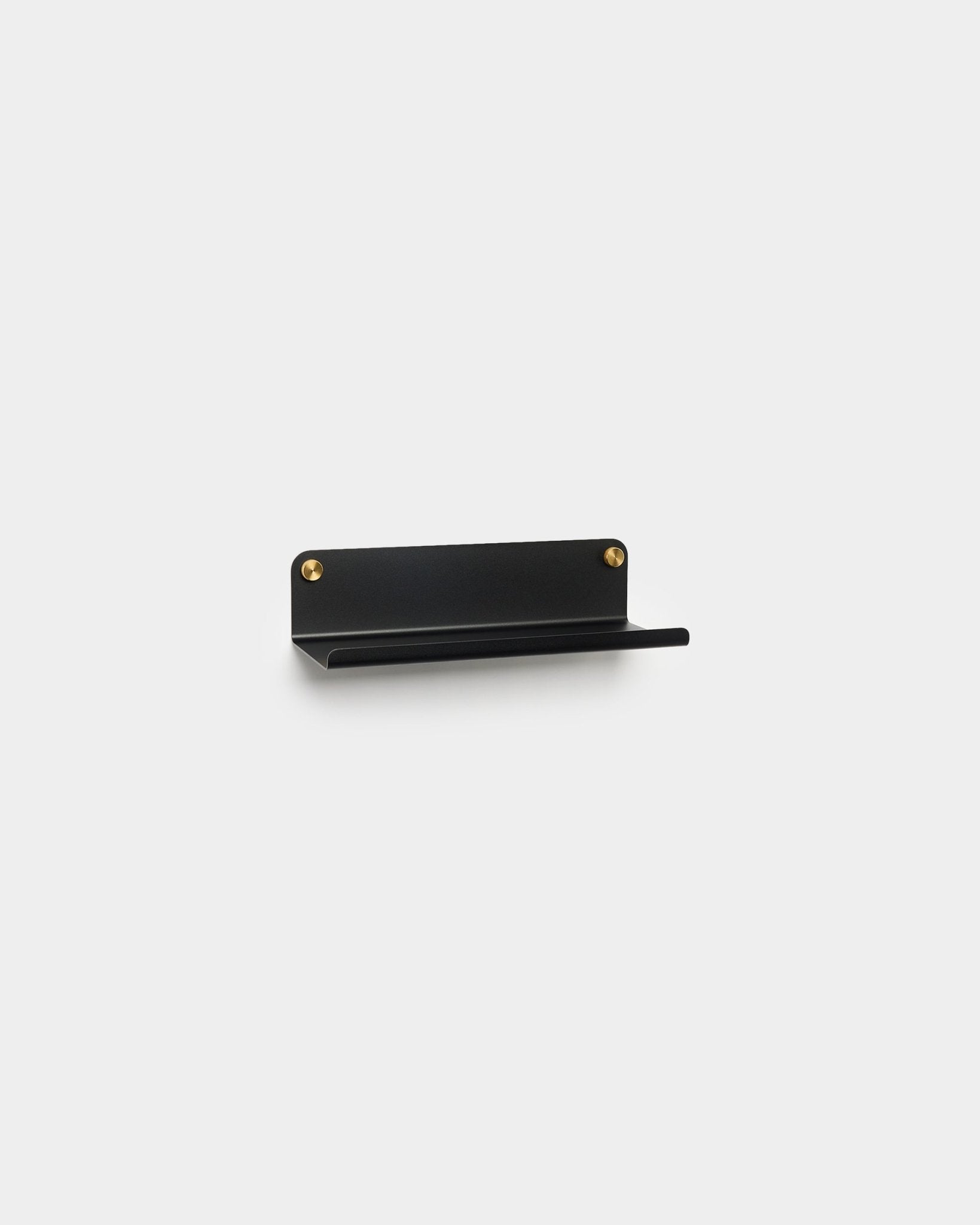 The Norr Wide Shelf in black by WoodUpp, 35.9 cm, with a minimalist Nordic design and two visible brass screws against a plain white background.
