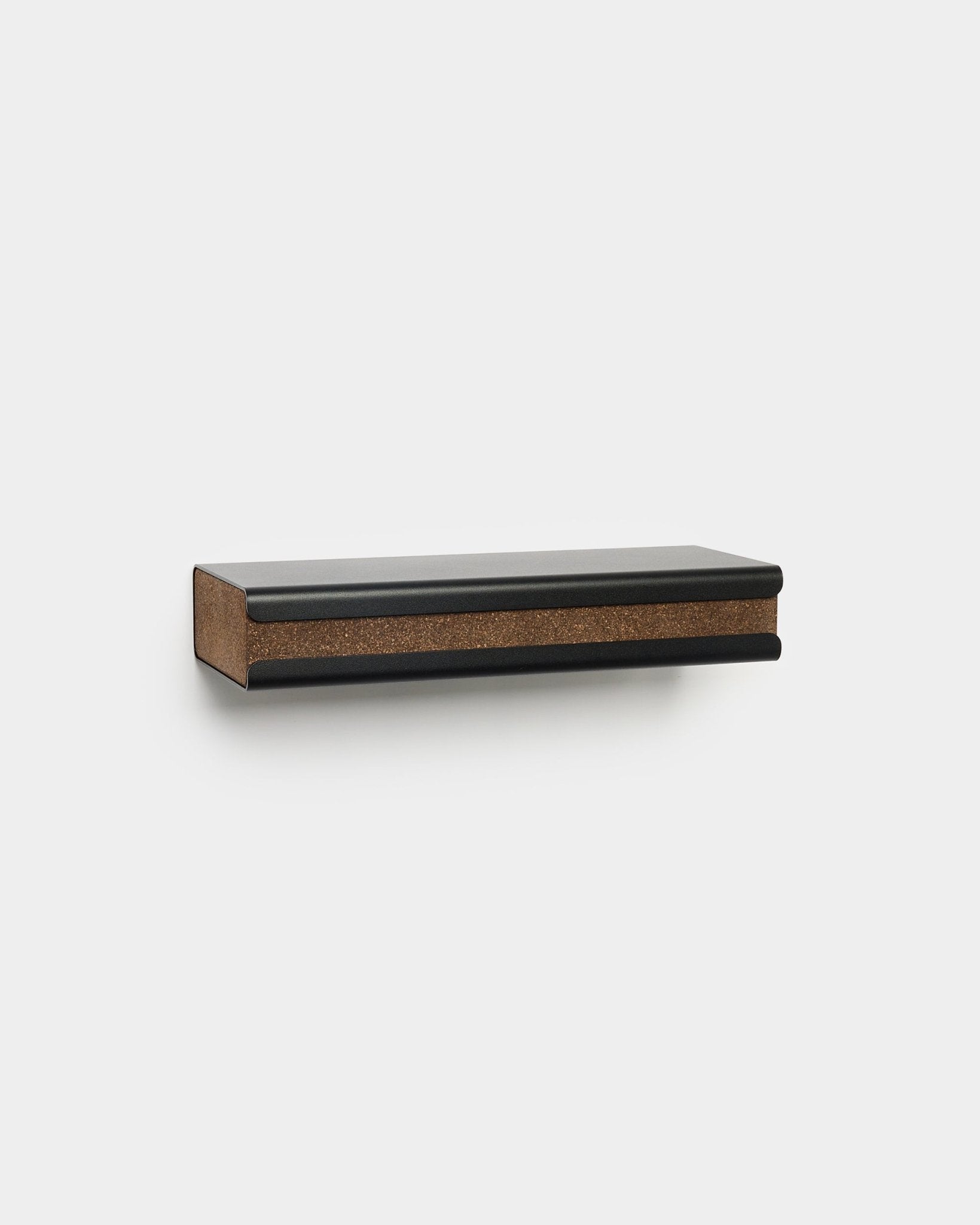 Norr Key Tray by WoodUpp, a minimalist Nordic accessory shelf in black with push-open drawer and smoked cork strip, 35.9cm wide.
