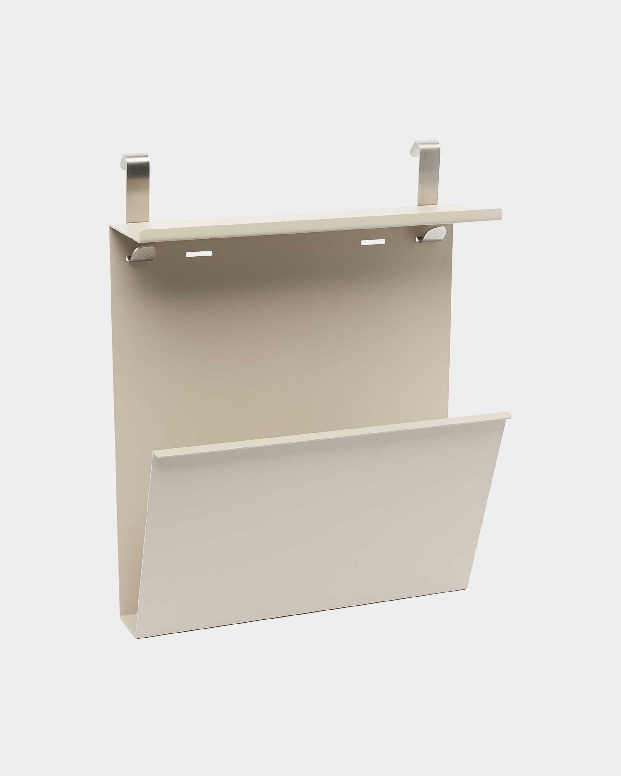 WoodUpp Nell Shoe Storage in beige with powder-coated steel organizer, integrated shelf, and slanted pocket designed for over-door use.