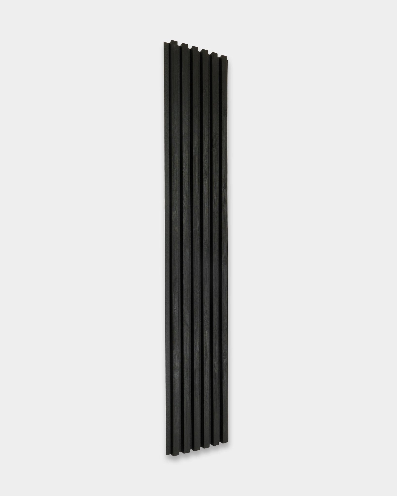 Aluwood outdoor facade panel by WoodUpp, black, 240 x 45.1 cm, features vertical grooves and stands against a plain light gray background.