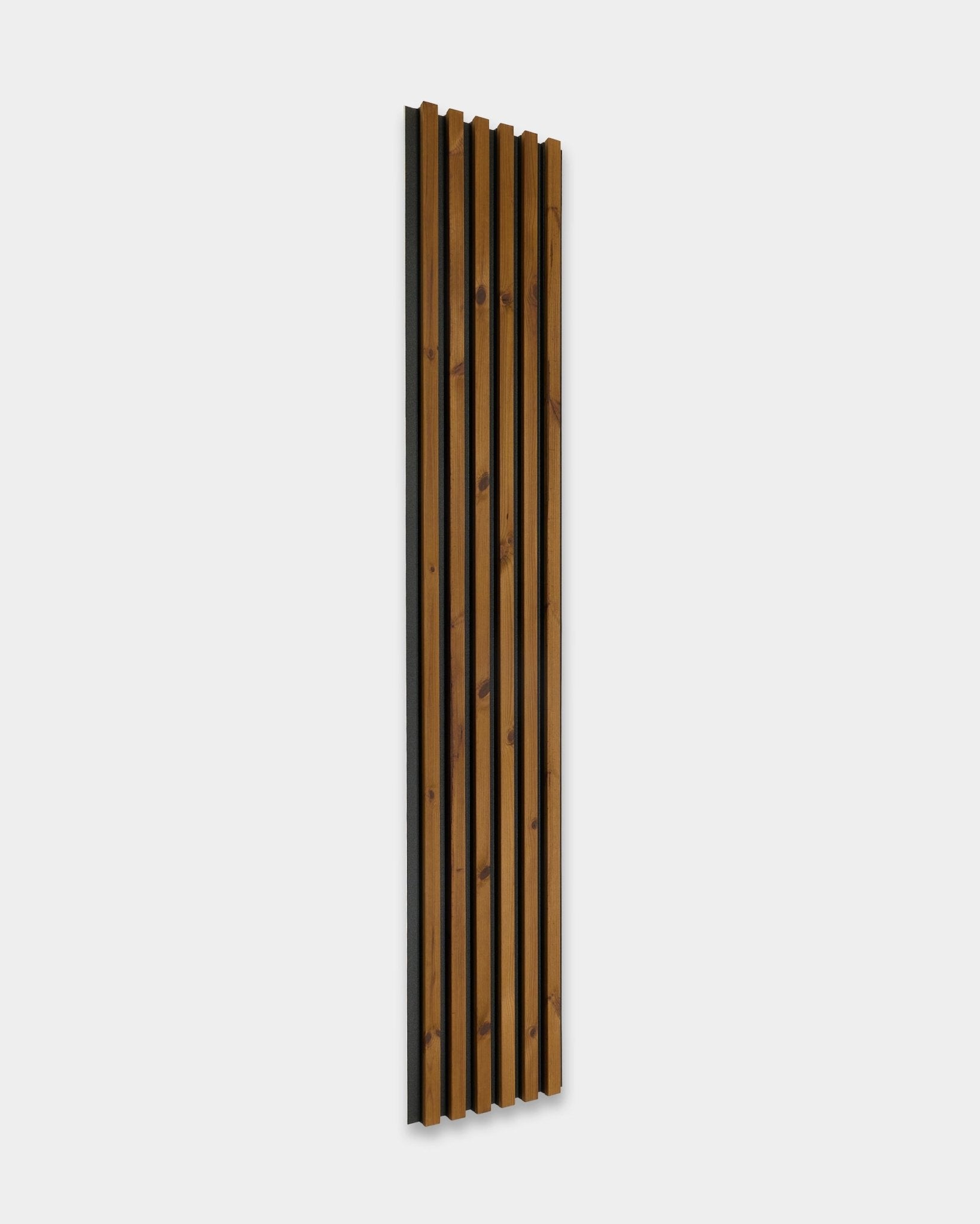 WoodUpp Aluwood facade panel in oiled brown, 240x45.1 cm, with thermally treated Nordic spruce slats and a dark acoustic backing for outdoor use.