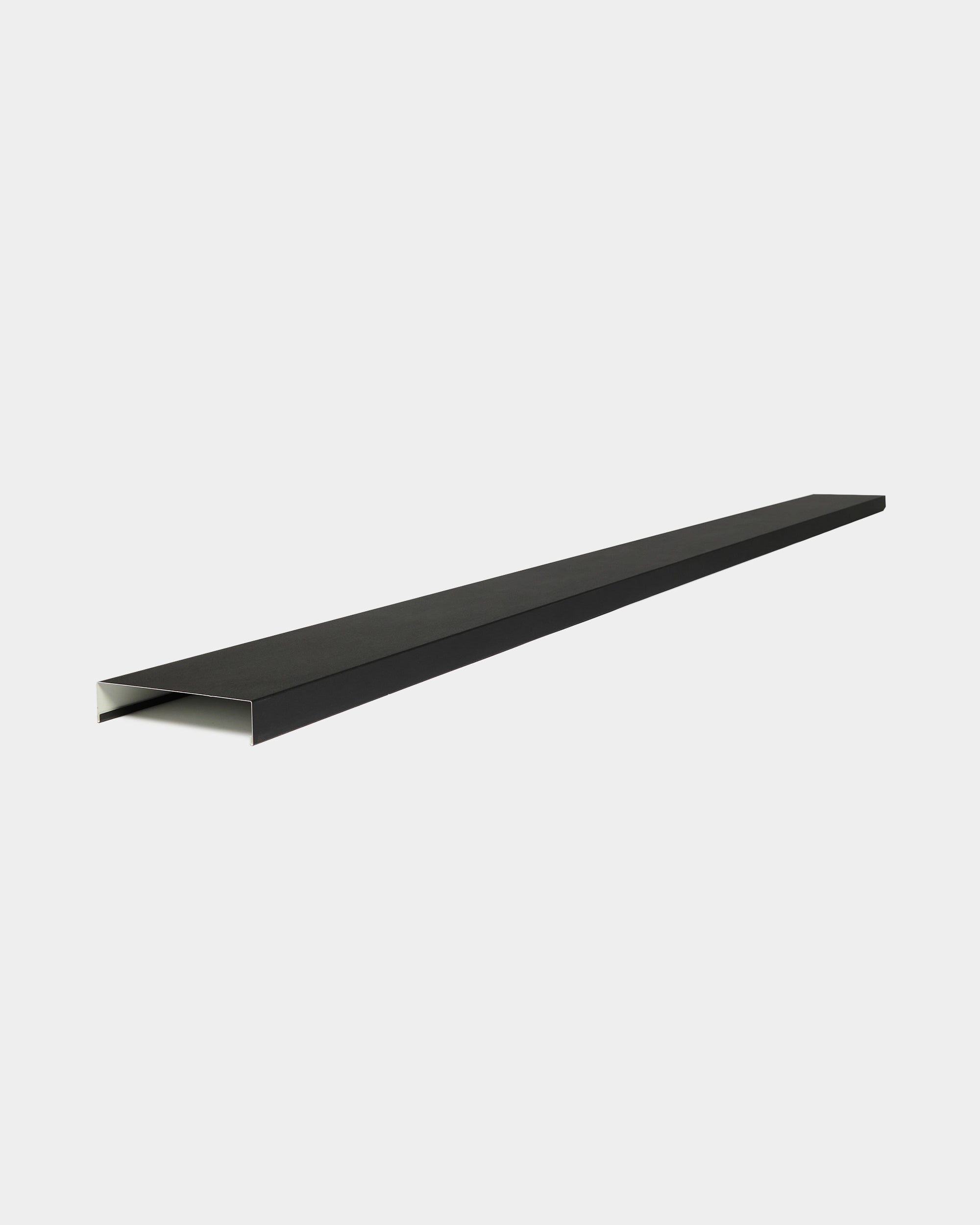 WoodUpp Aluwood Level facade panel wall capping, 240cm x 20cm, black powder-coated aluminum with open bottom, shown on a plain white background.